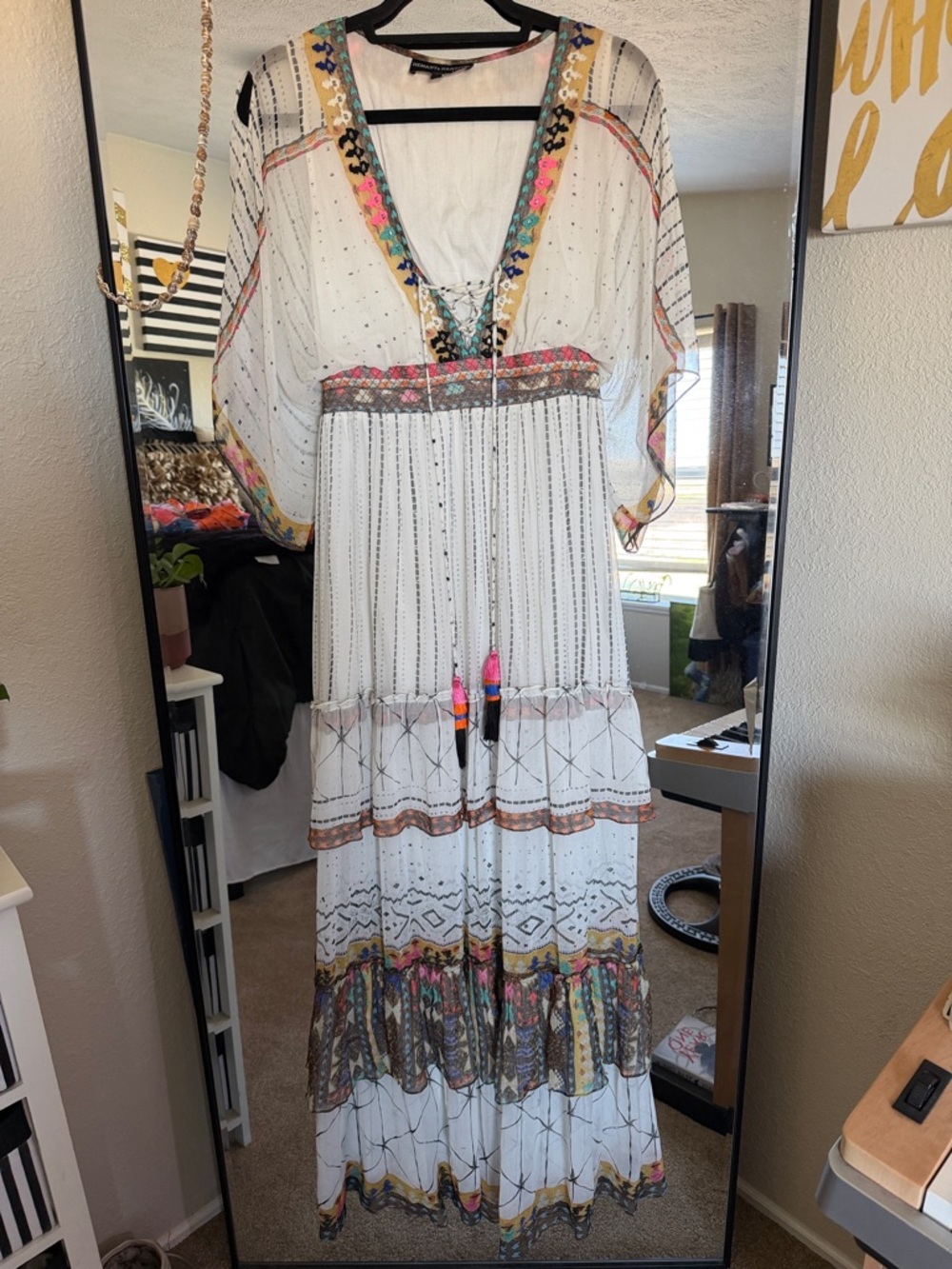 HEMANT & NANDITA White Boho Maxi Dress with Multicolor Embroidered Trim